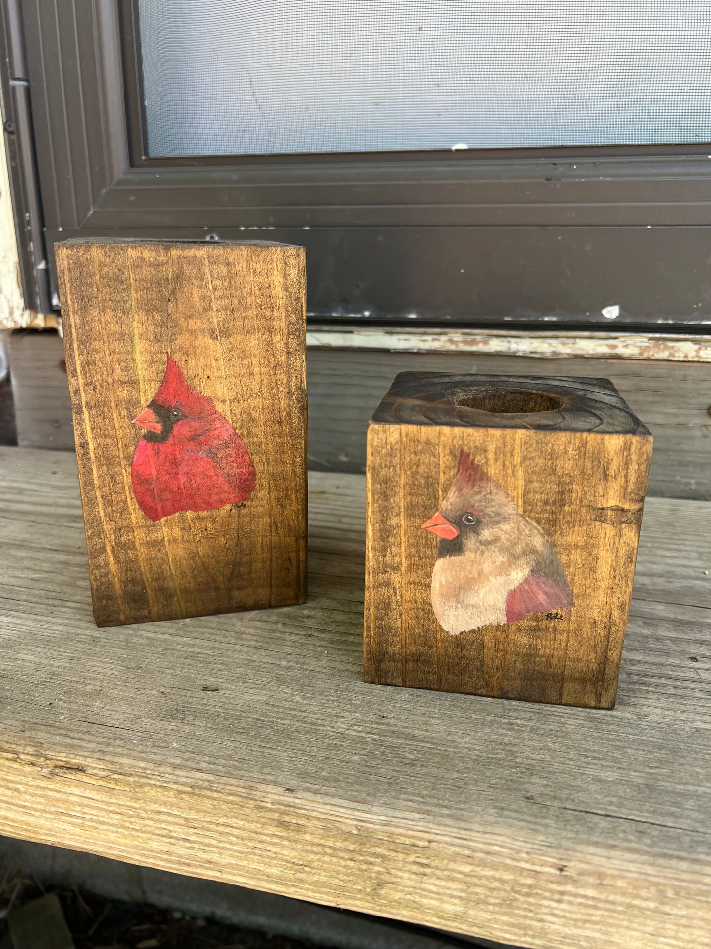 Hand Painted Cardinal Wooden Candle Holder Set