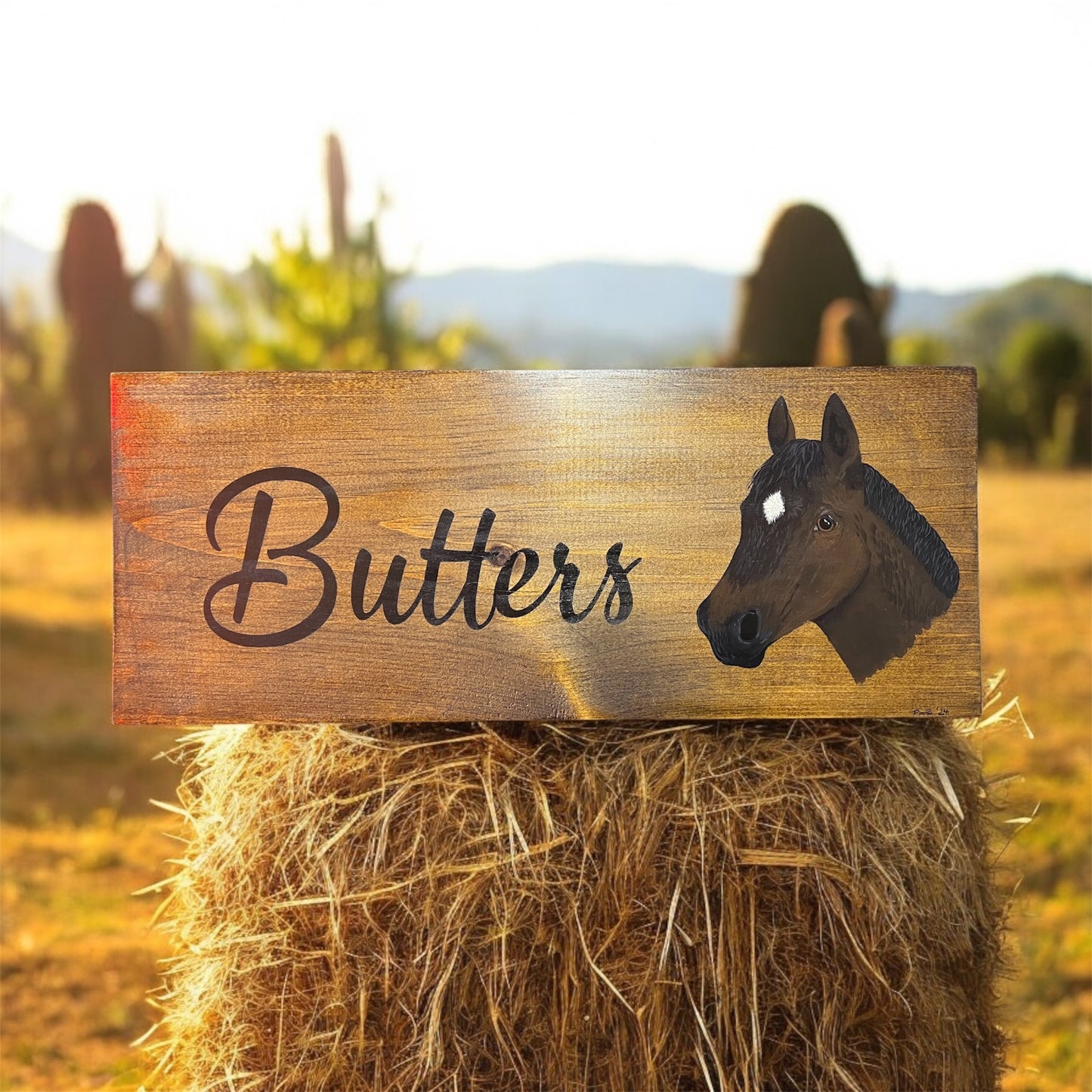 Hand Painted Custom Wooden Stall Sign - Walnut Stain