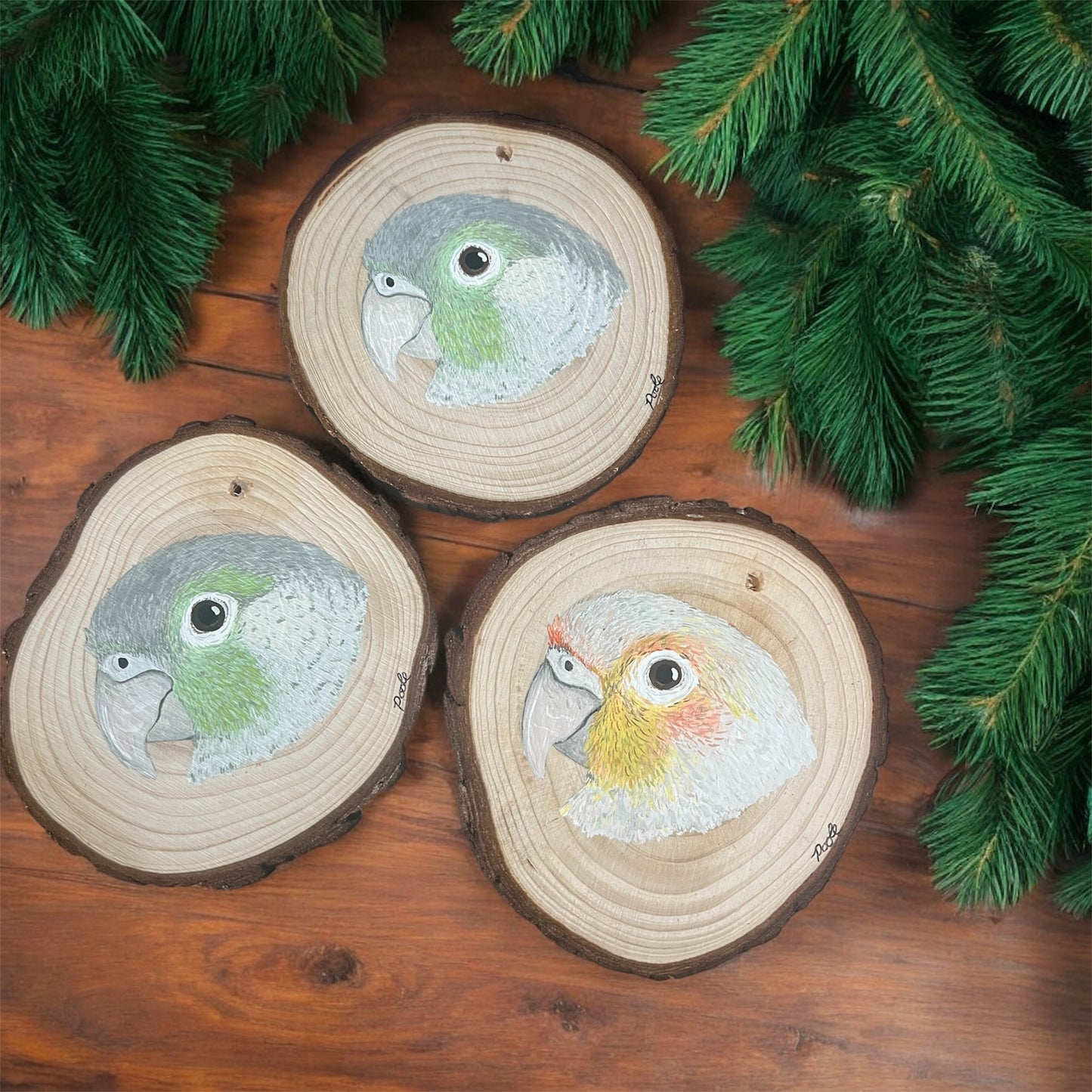 Hand Painted Pineapple Conure Wood Slice Ornament