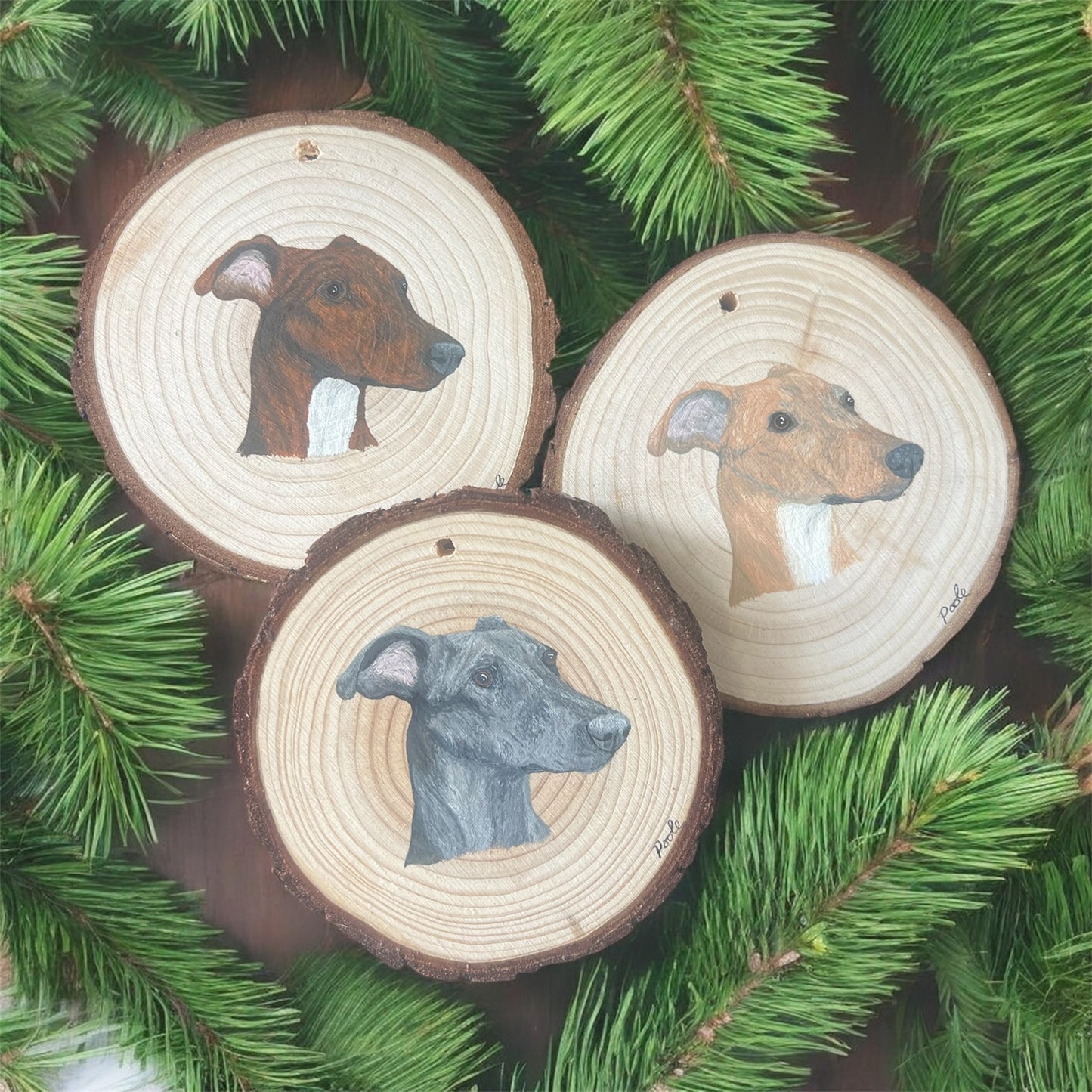 Hand Painted Fawn Greyhound Wood Slice Ornament