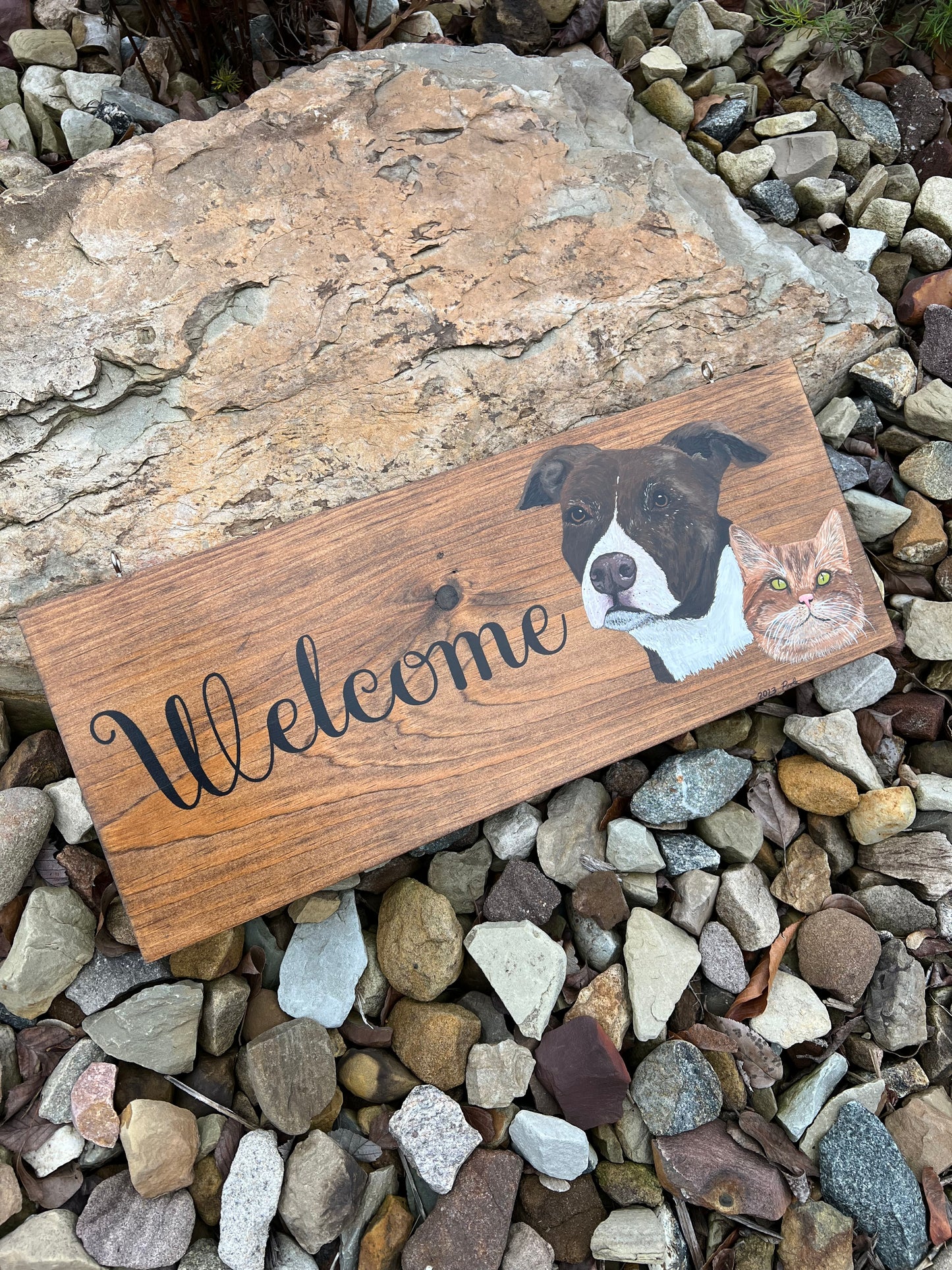 Hand Painted Custom Pet Welcome Sign - Walnut Stain