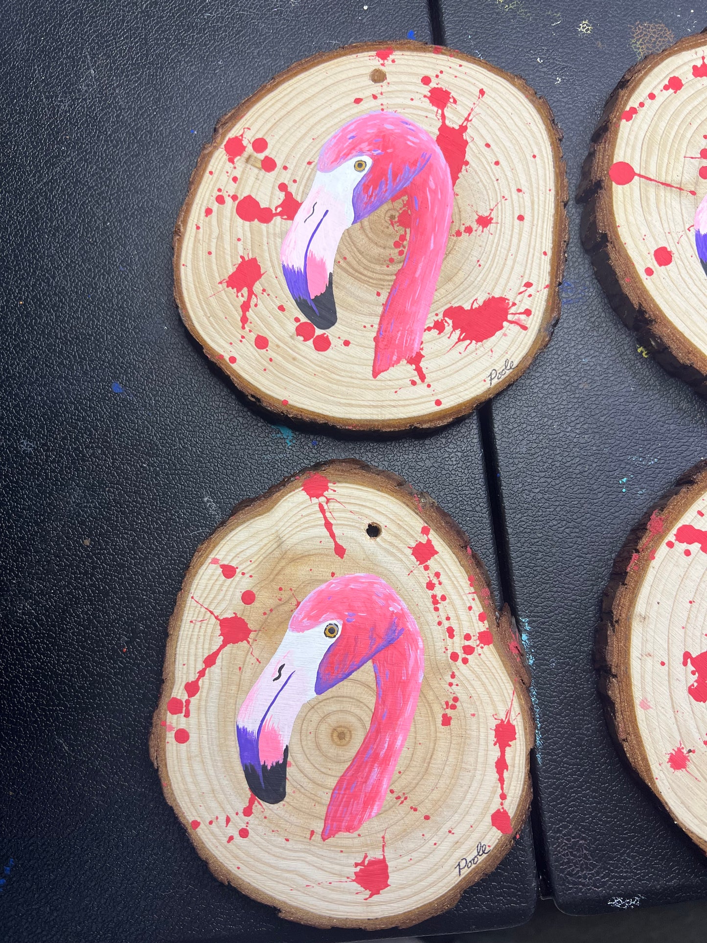 Hand Painted Flamingo Wood Slice Ornament