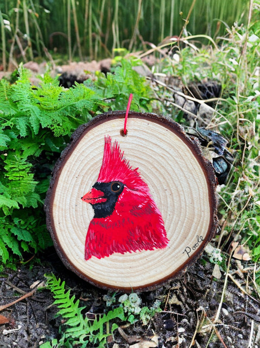 Hand Painted Cardinal Wood Slice Ornament Plain