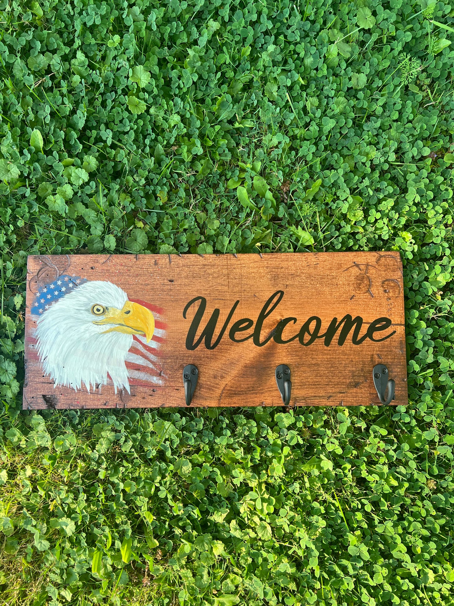 Hand Painted Eagle Welcome Wooden Sign - With Hooks