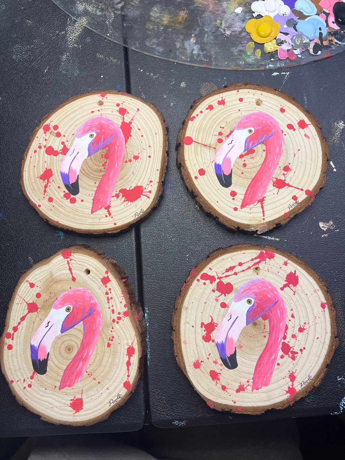 Hand Painted Flamingo Wood Slice Ornament