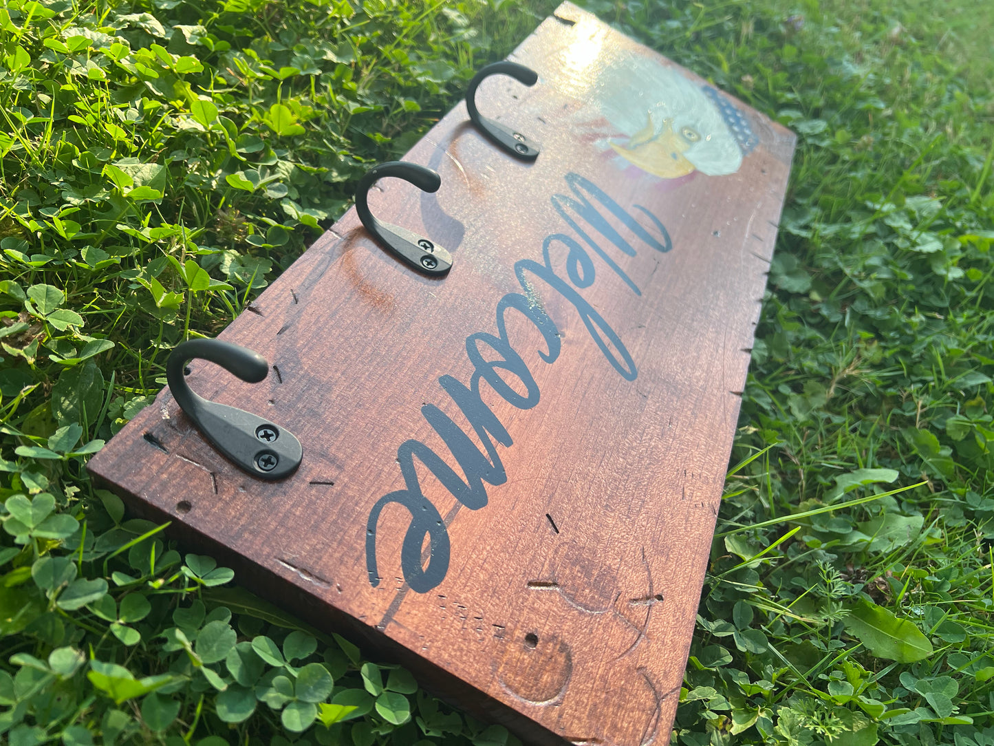 Hand Painted Eagle Welcome Wooden Sign - With Hooks