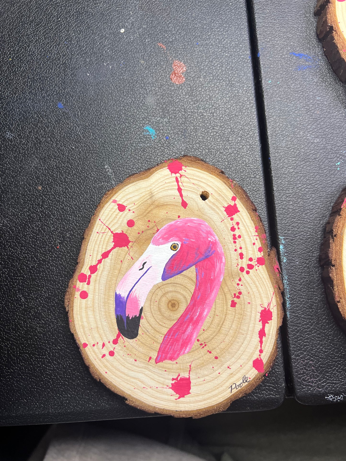 Hand Painted Flamingo Wood Slice Ornament