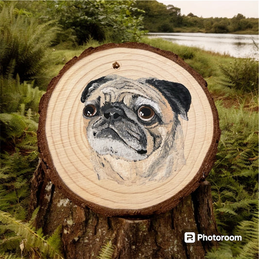 Hand Painted Old Pug Wood Slice Ornament