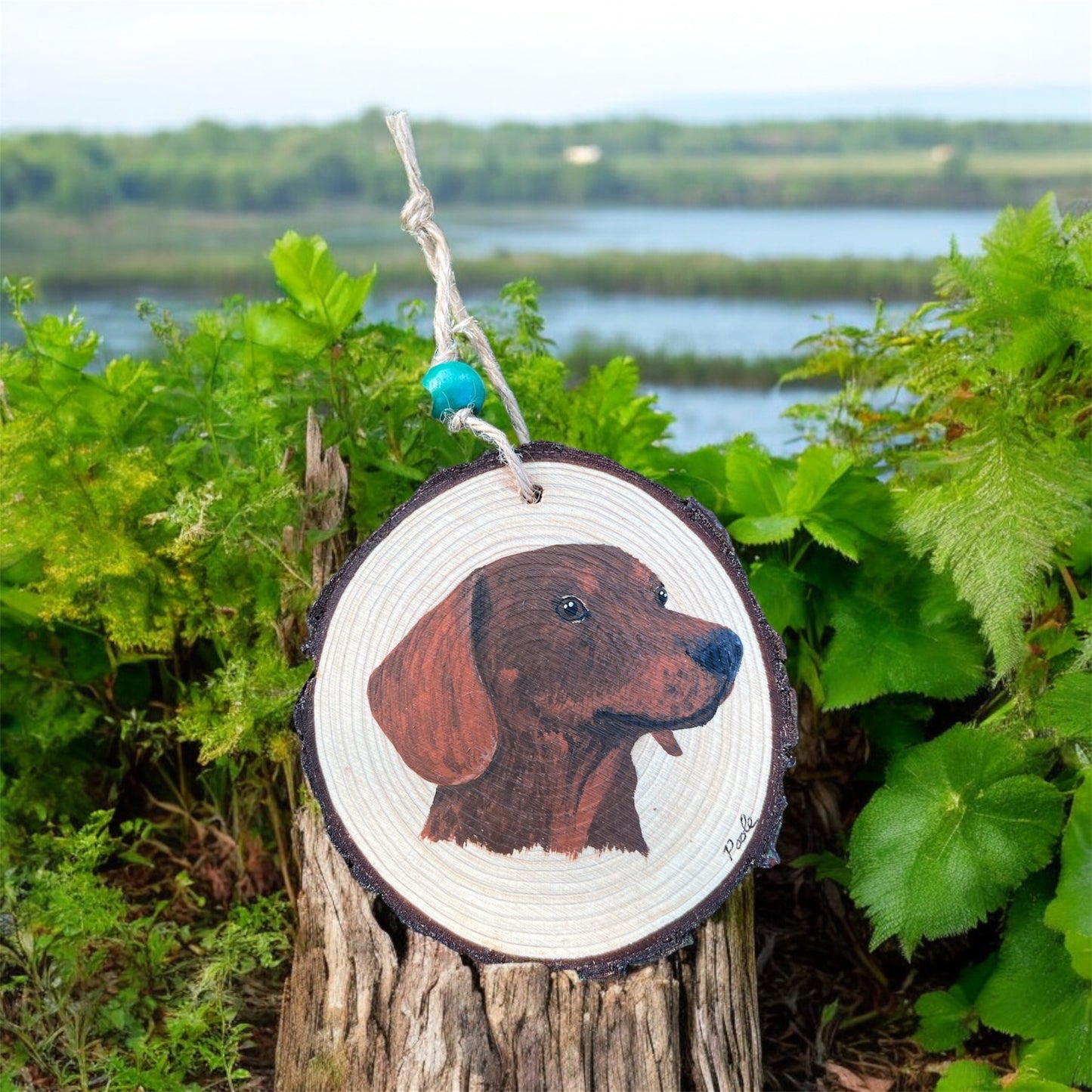 Hand Painted Brown Dachshund Wood Slice Ornament