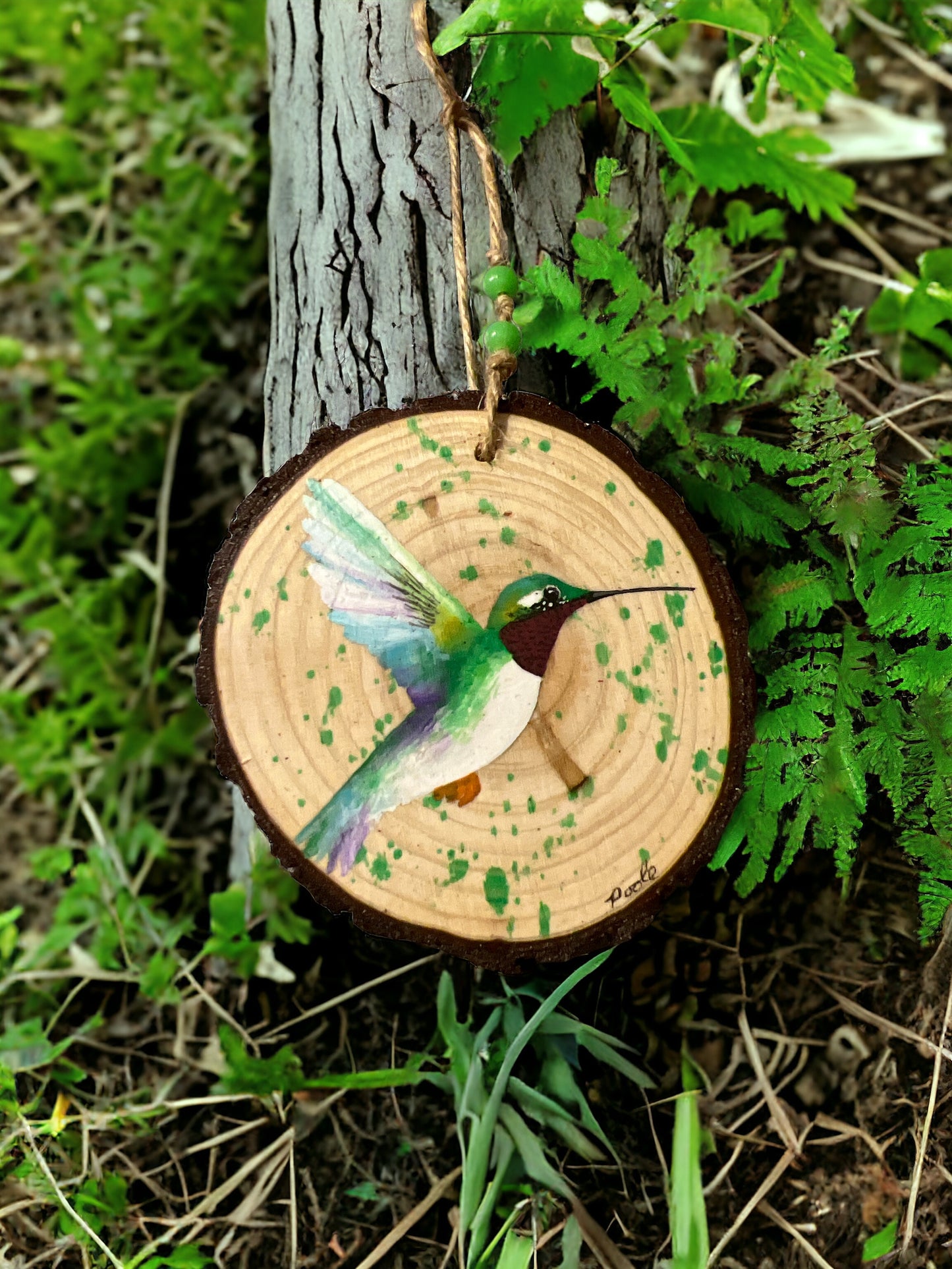 Hand Painted Hummingbird Wood Slice Ornament