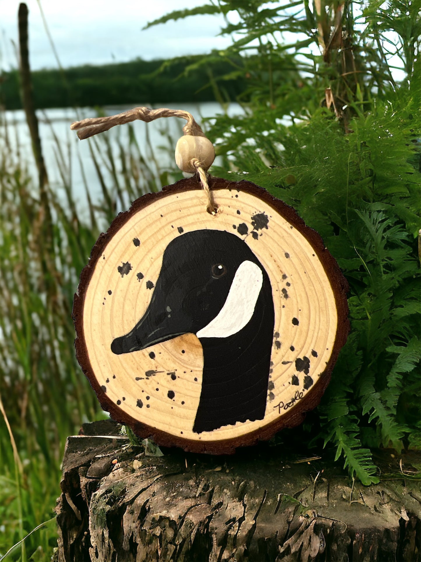 Hand Painted Canadian Goose Wood Slice Ornament Black