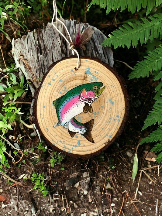 Hand Painted Rainbow Trout Wood Slice Ornament