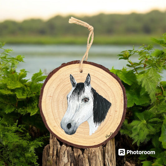 Hand Painted Horse Wood Slice Ornament Grey