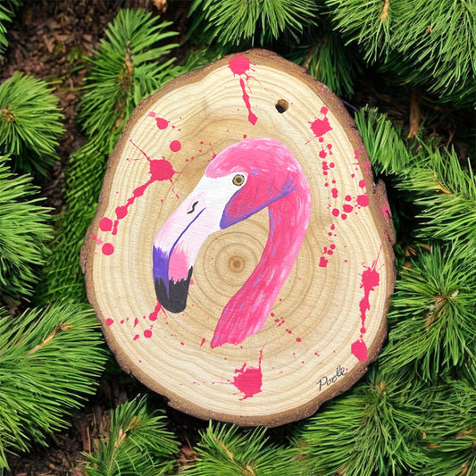 Hand Painted Flamingo Wood Slice Ornament
