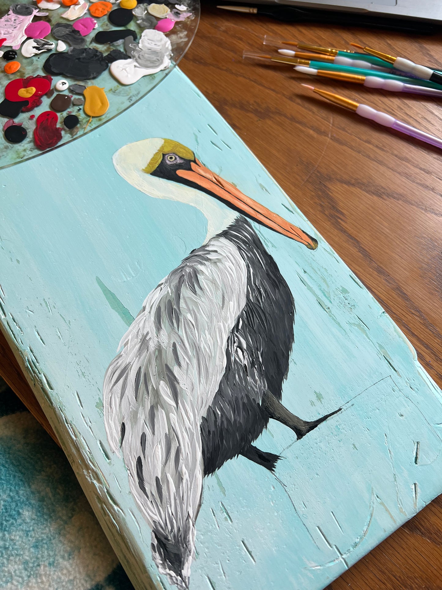 Hand Painted Pelican on Distressed Pine Plank