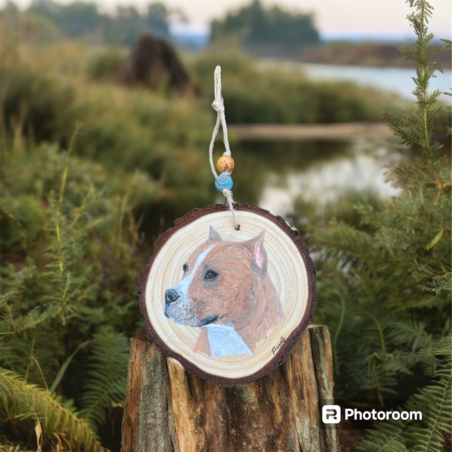 Hand Painted Pittie Wood Slice Ornament