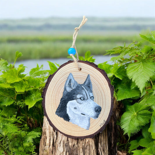 Hand Painted Husky Wood Slice Ornament