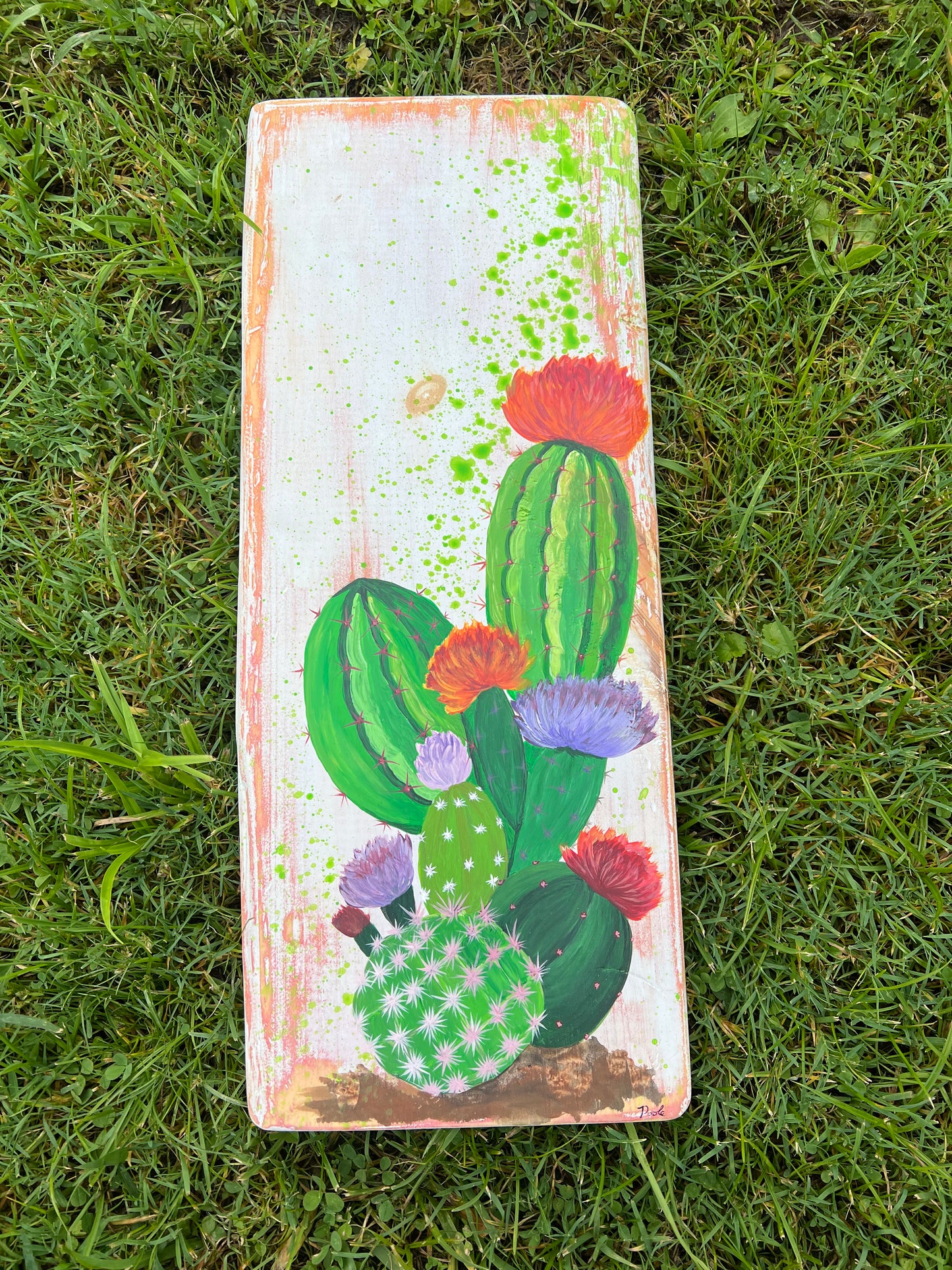 Hand Painted Cactus on Distressed Pine Plank