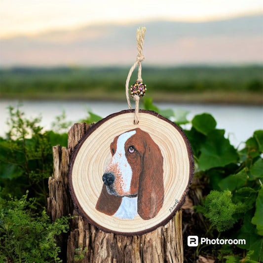 Hand Painted Basset Hound Wood Slice Ornament