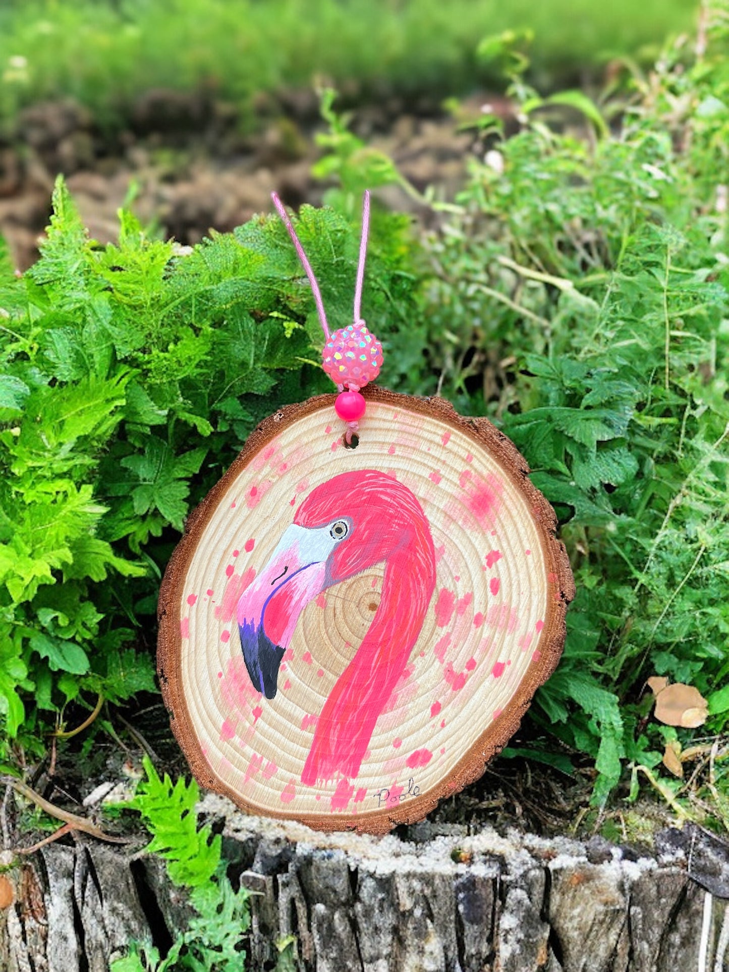 Hand Painted Flamingo Wood Slice Ornament