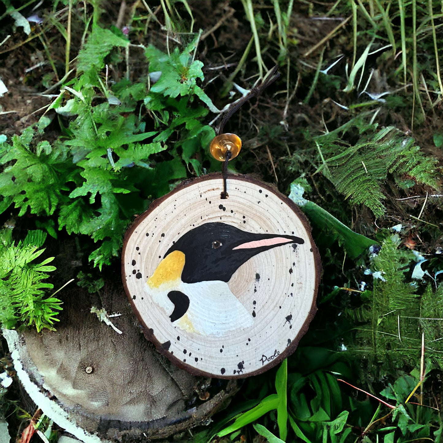 Hand Painted Penguin Wood Slice Ornament Black