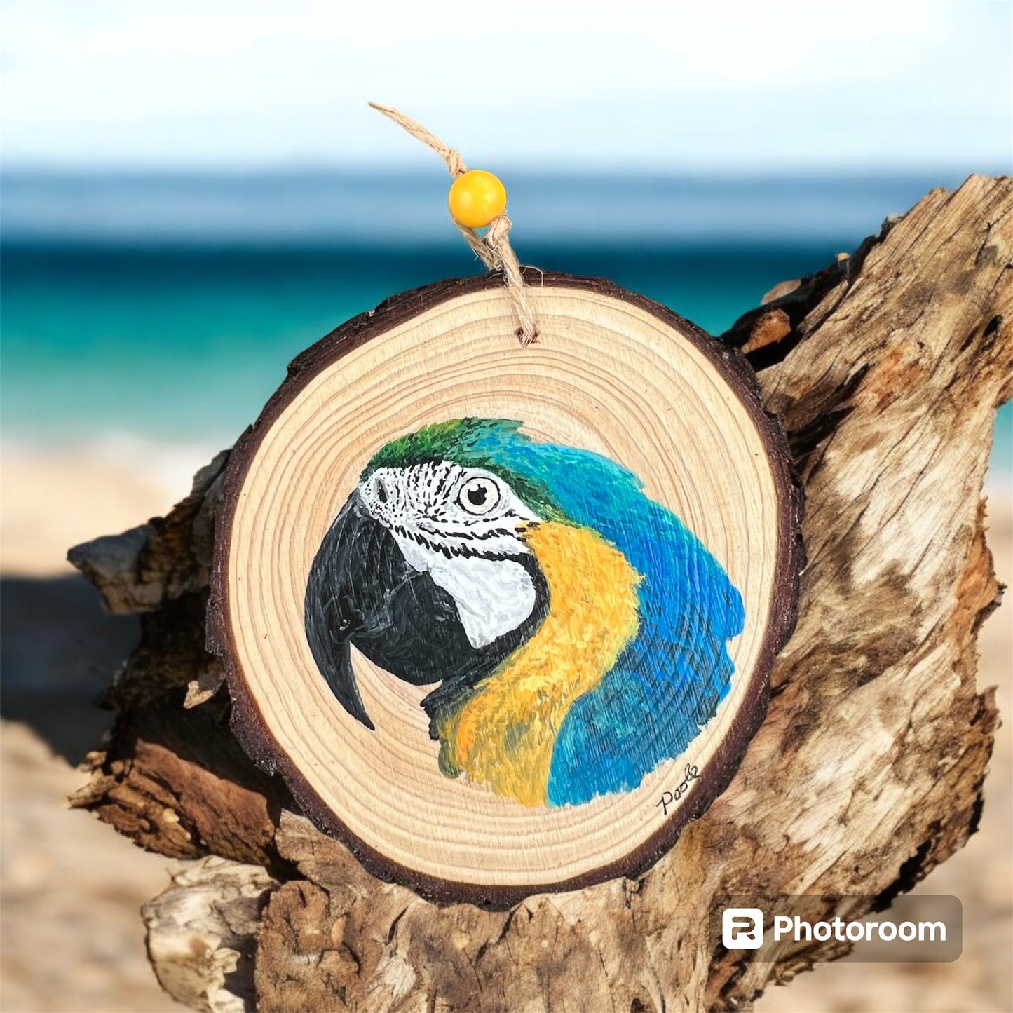 Hand Painted Macaw Wood Slice Ornament Blue