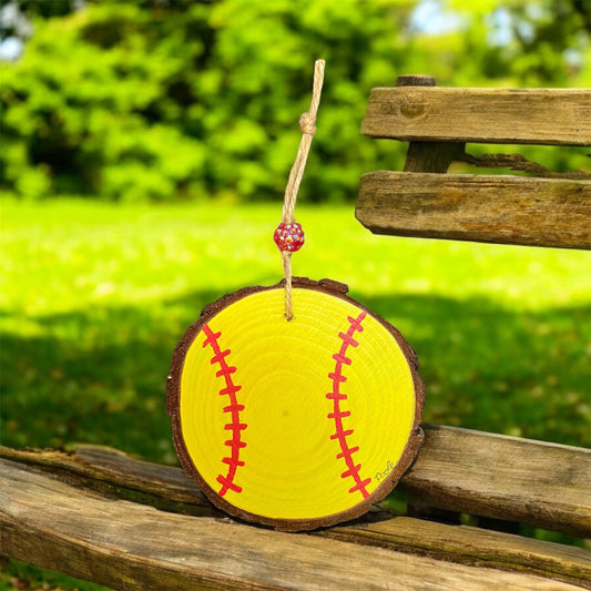 Hand Painted Softball Wood Slice Ornament