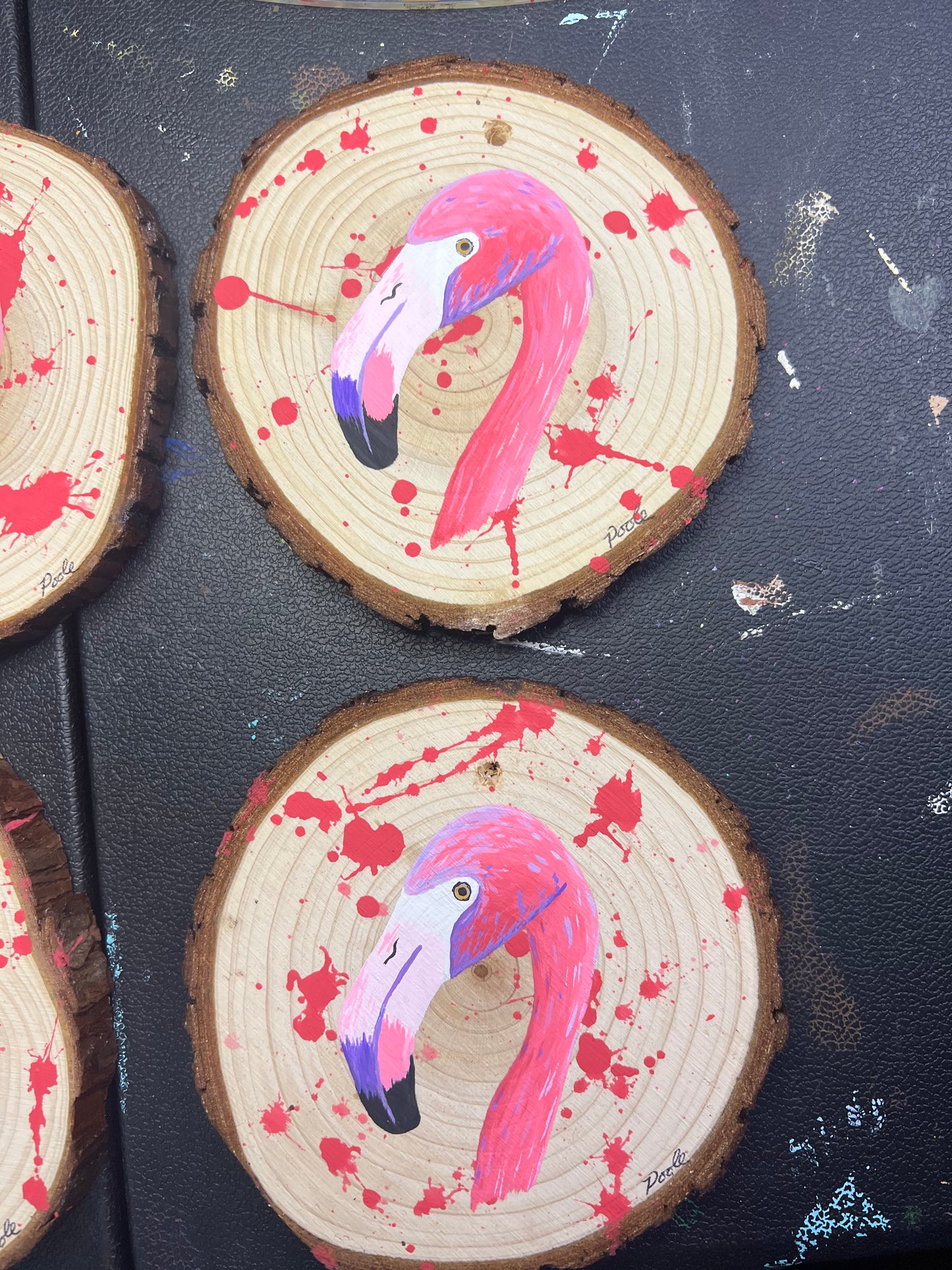 Hand Painted Flamingo Wood Slice Ornament