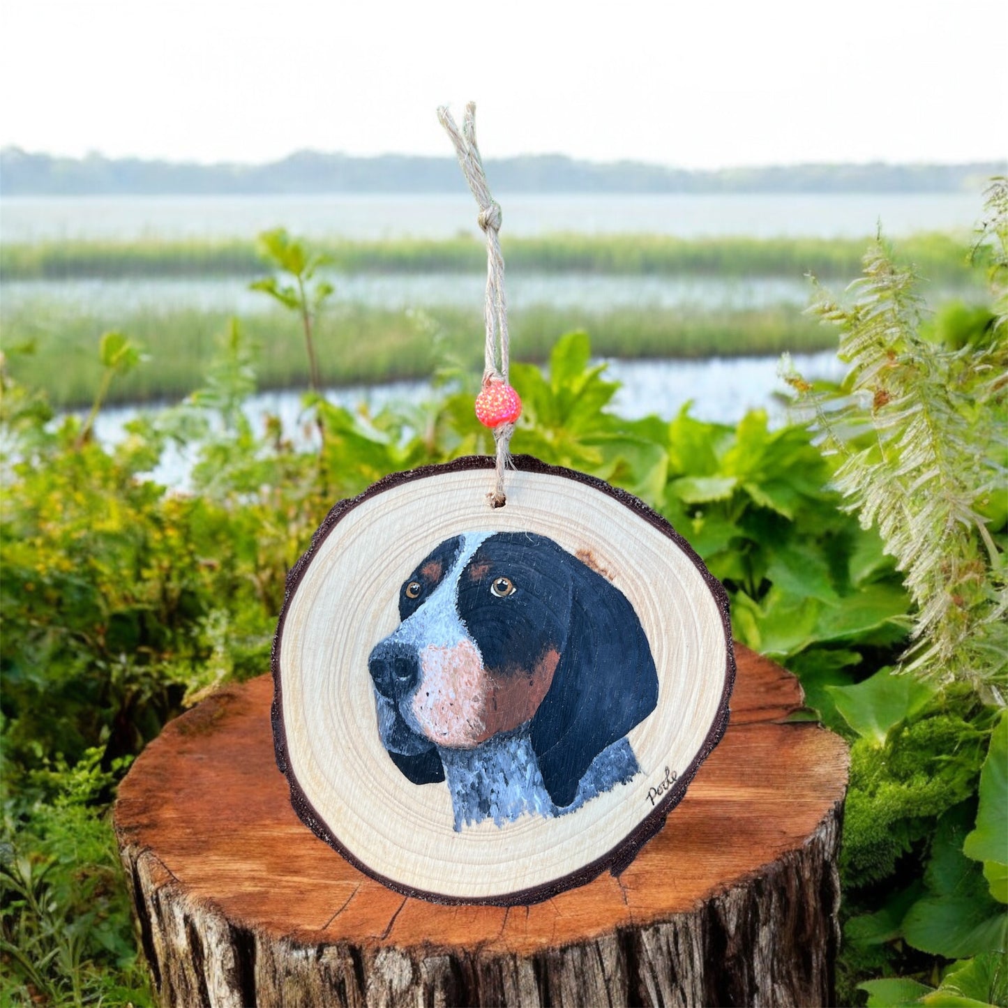 Hand Painted Blue Tick Coonhound Wood Slice Ornament