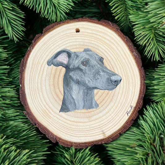 Hand Painted Blue Greyhound Wood Slice Ornament