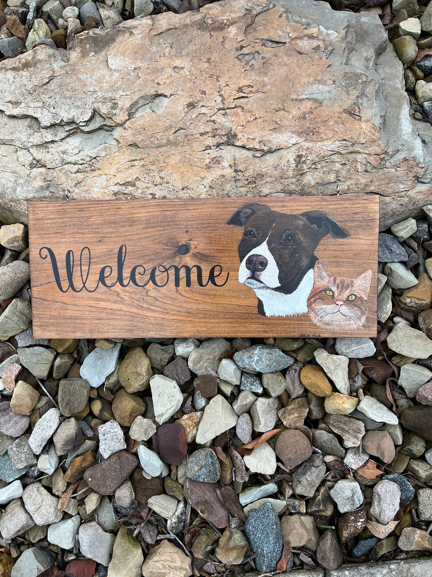 Hand Painted Custom Pet Welcome Sign - Walnut Stain