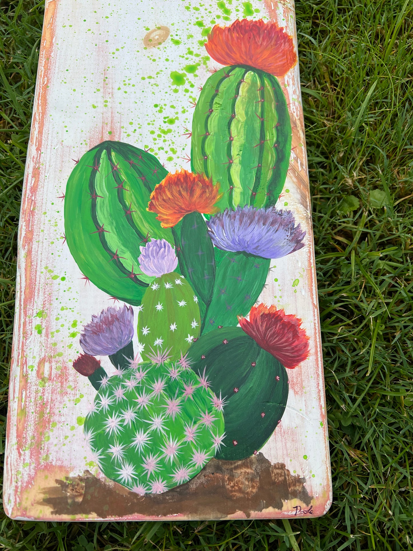 Hand Painted Cactus on Distressed Pine Plank