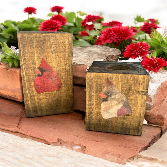 Hand Painted Cardinal Wooden Candle Holder Set