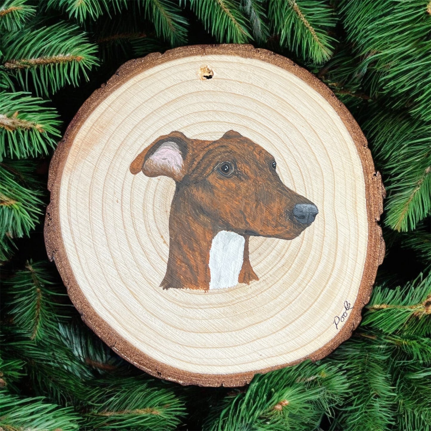 Hand Painted Brindle Greyhound Wood Slice Ornament