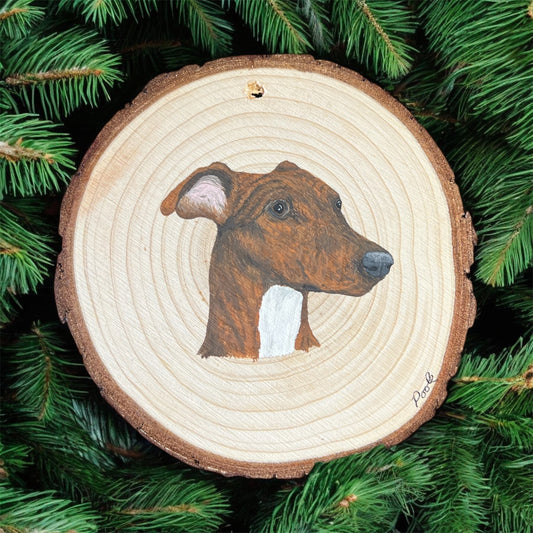 Hand Painted Brindle Greyhound Wood Slice Ornament