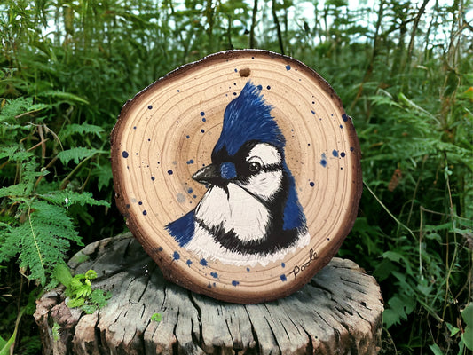 Hand Painted Blue Jay Wood Slice Ornament