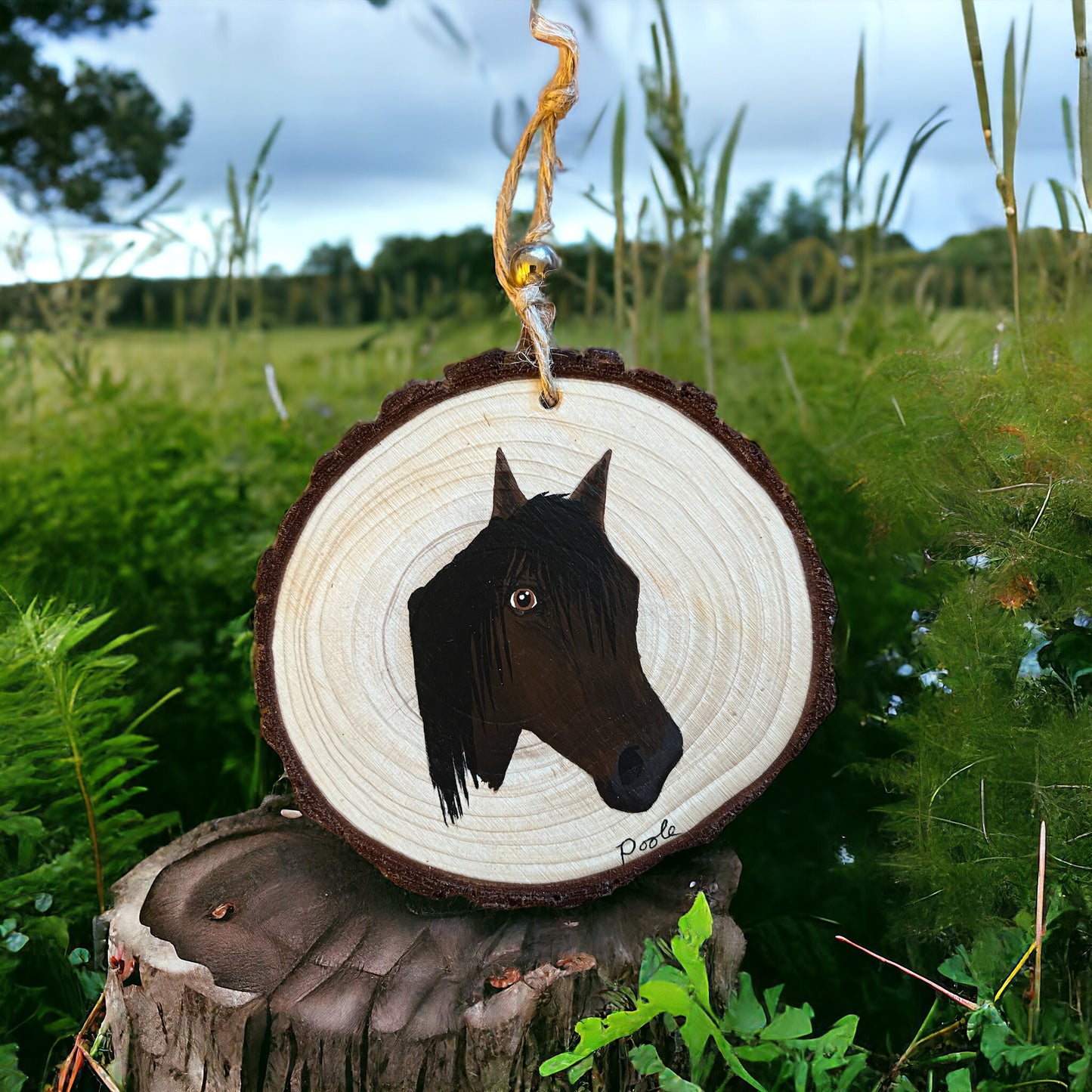 Hand Painted Bay Horse Wood Slice Ornament