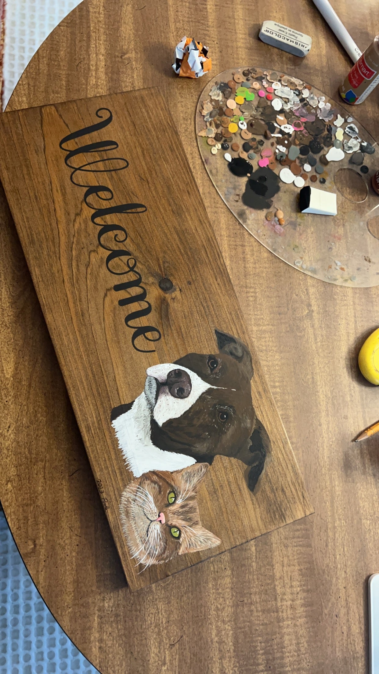 Hand Painted Custom Pet Welcome Sign - Walnut Stain