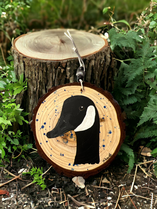 Hand Painted Canadian Goose Wood Slice Ornament Blue