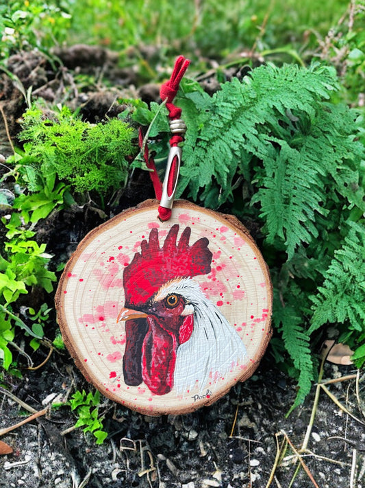 Hand Painted Rooster Wood Slice Ornament Red