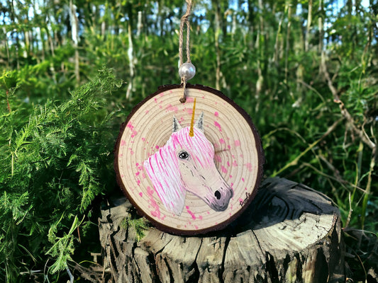 Hand Painted Unicorn Wood Slice Ornament Pink