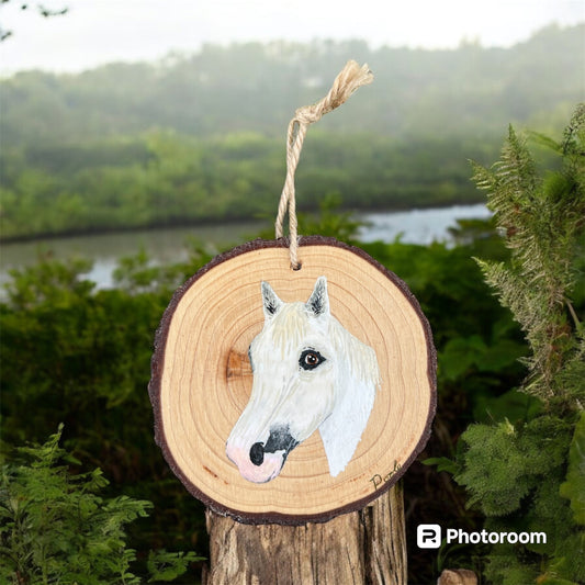 Hand Painted Horse Wood Slice Ornament White