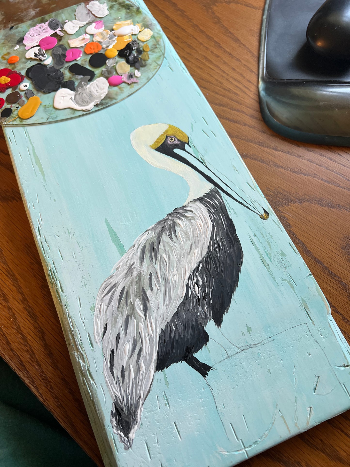 Hand Painted Pelican on Distressed Pine Plank