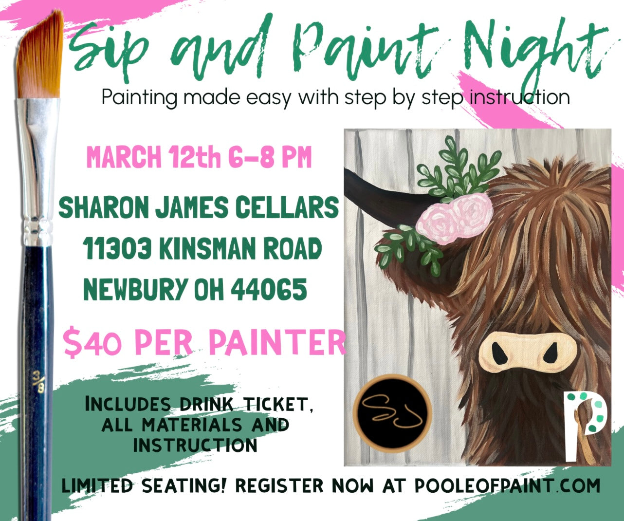 Sip and Paint Night Sharon James March 12th 6PM - 8PM