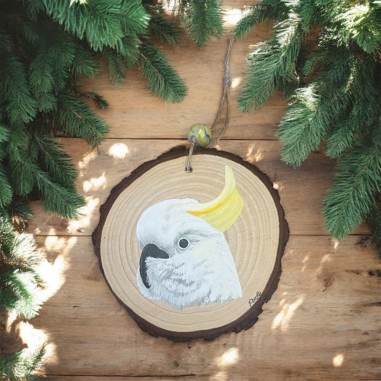 Hand Painted Yellow Crested Cockatoo Wood Slice Ornament
