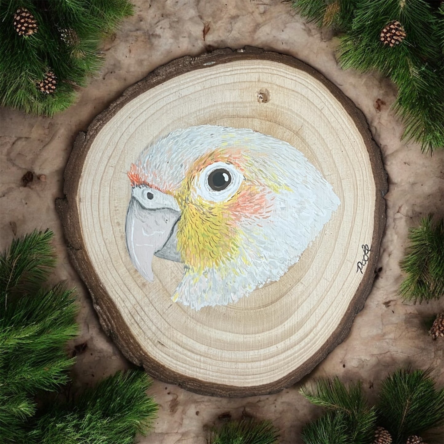 Hand Painted Pineapple Conure Wood Slice Ornament