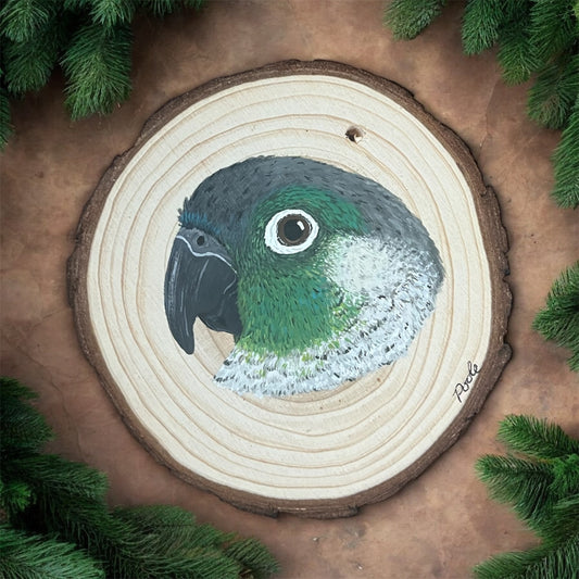 Hand Painted Green Cheek Conure Wood Slice Ornament