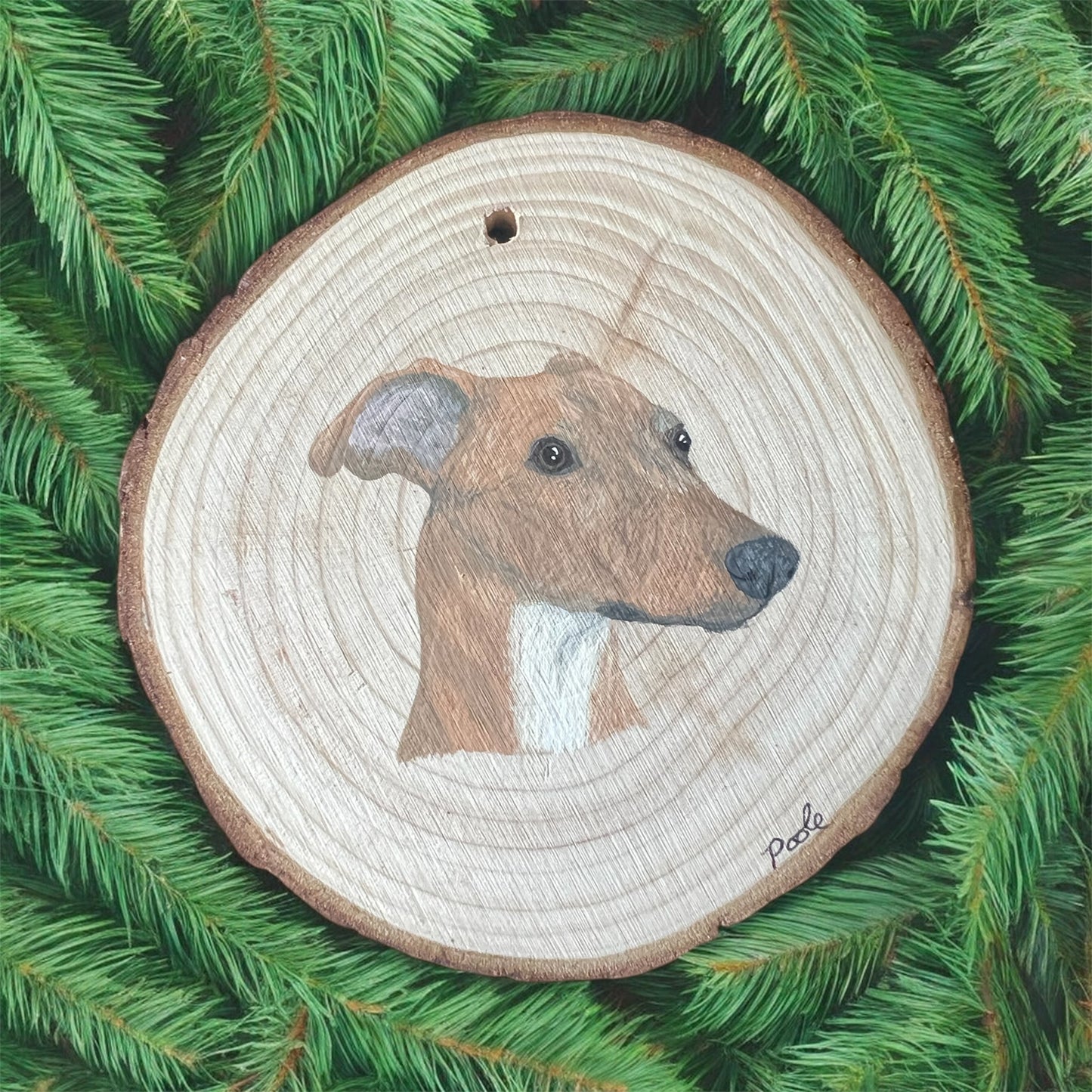 Hand Painted Fawn Greyhound Wood Slice Ornament