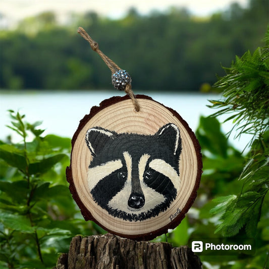 Hand Painted Raccoon Wood Slice Ornament