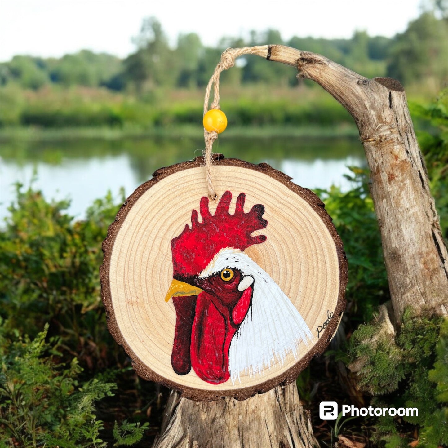 Hand Painted Rooster Wood Slice Ornament